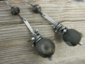 Sterling silver wire, my own ceramic beads, turritella agate beads.